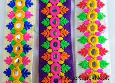 Purple Mirrored Fabric Trim With Fuchsia Pink, Orange, Yellow And Green Embroidery